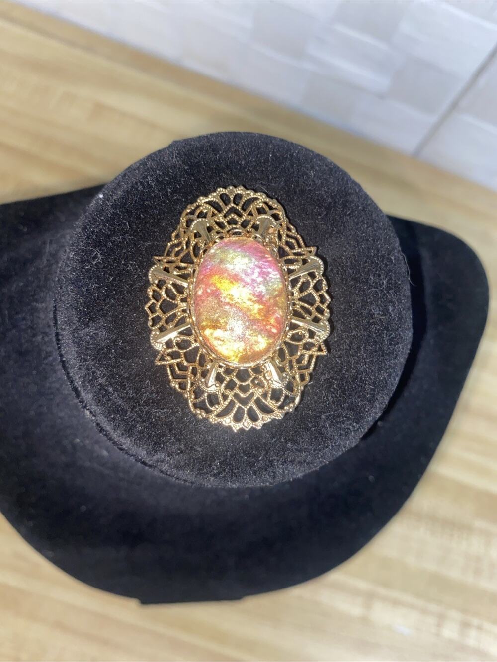 Vintage Floral Faux Opal Gold Tone Filigree Brooch Lapel Pin 2” X 1.5”